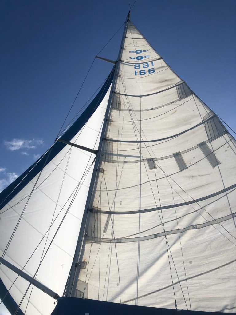 Sun and blue sky behind the genoa with a boom and the main sail